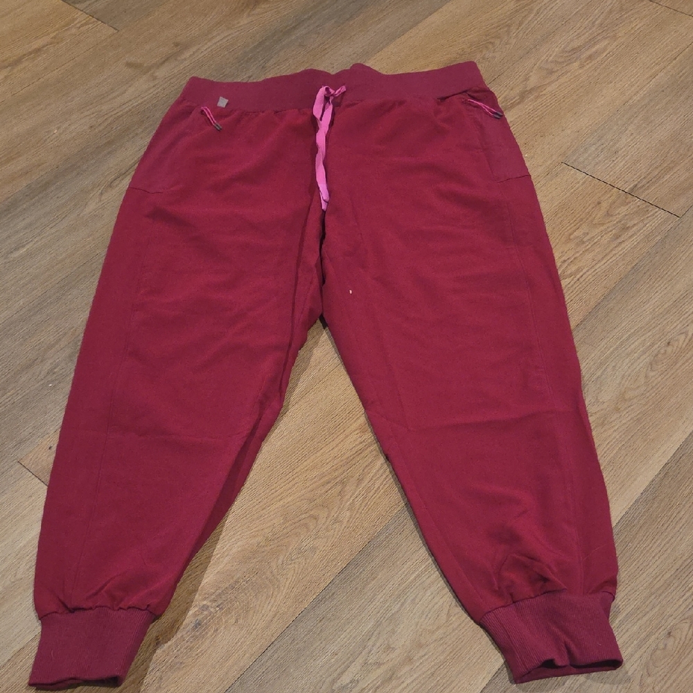 Figs Women's Wine Red Jogger Pants with Pink Drawstring